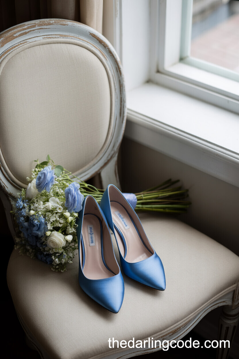 Blue Satin Bridal Shoes With Bouquet