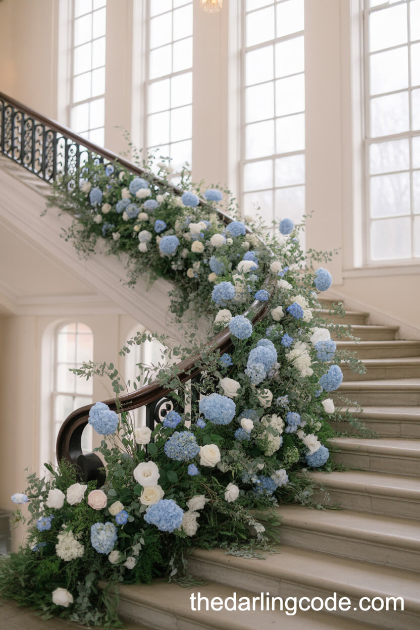 Grand Staircase Draped In Blue And White Florals