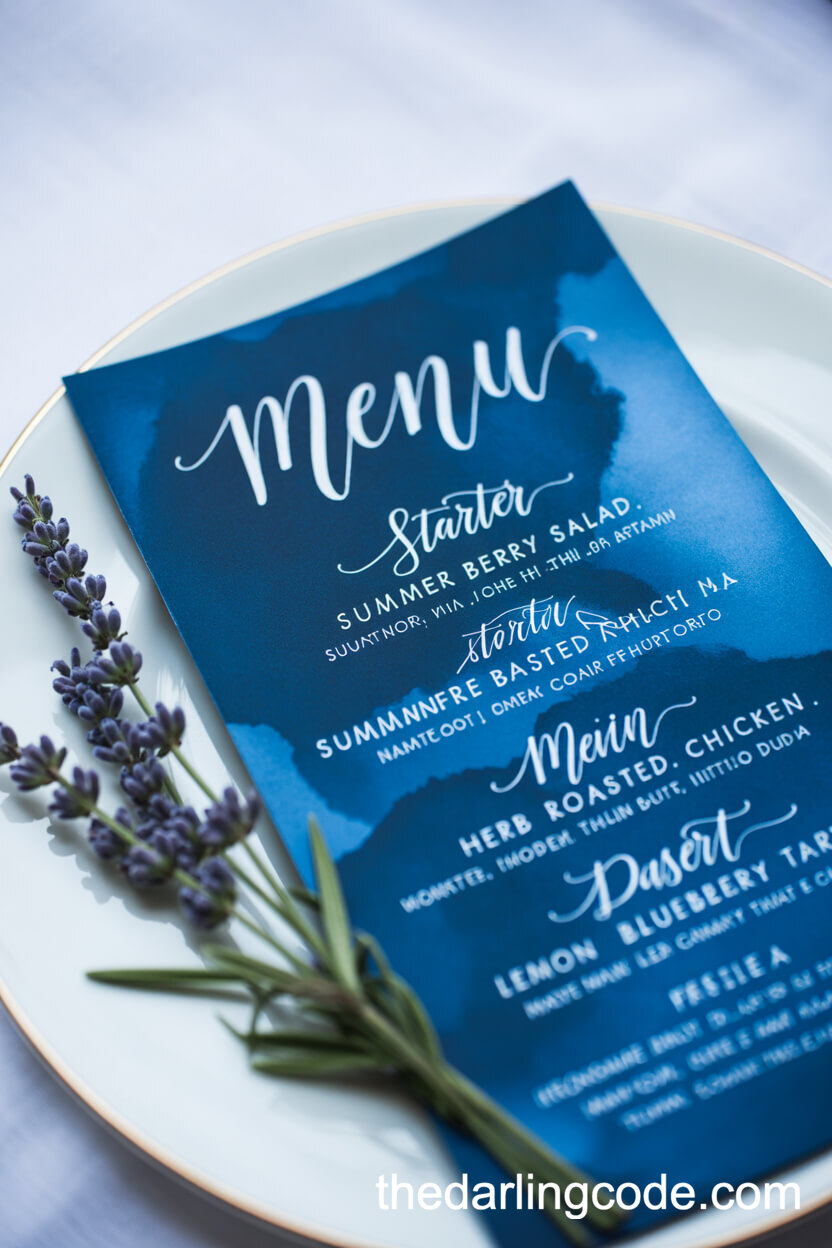 Deep Blue Watercolor Wedding Menu