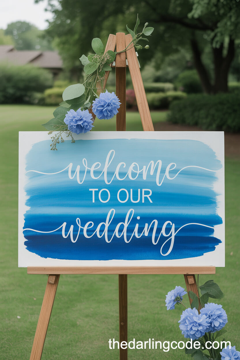 Hand-Painted Blue Welcome Sign
