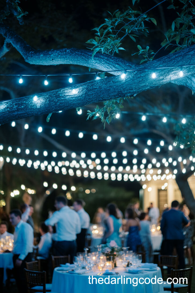 Evening Reception With Blue-Tinted Twinkle Lights
