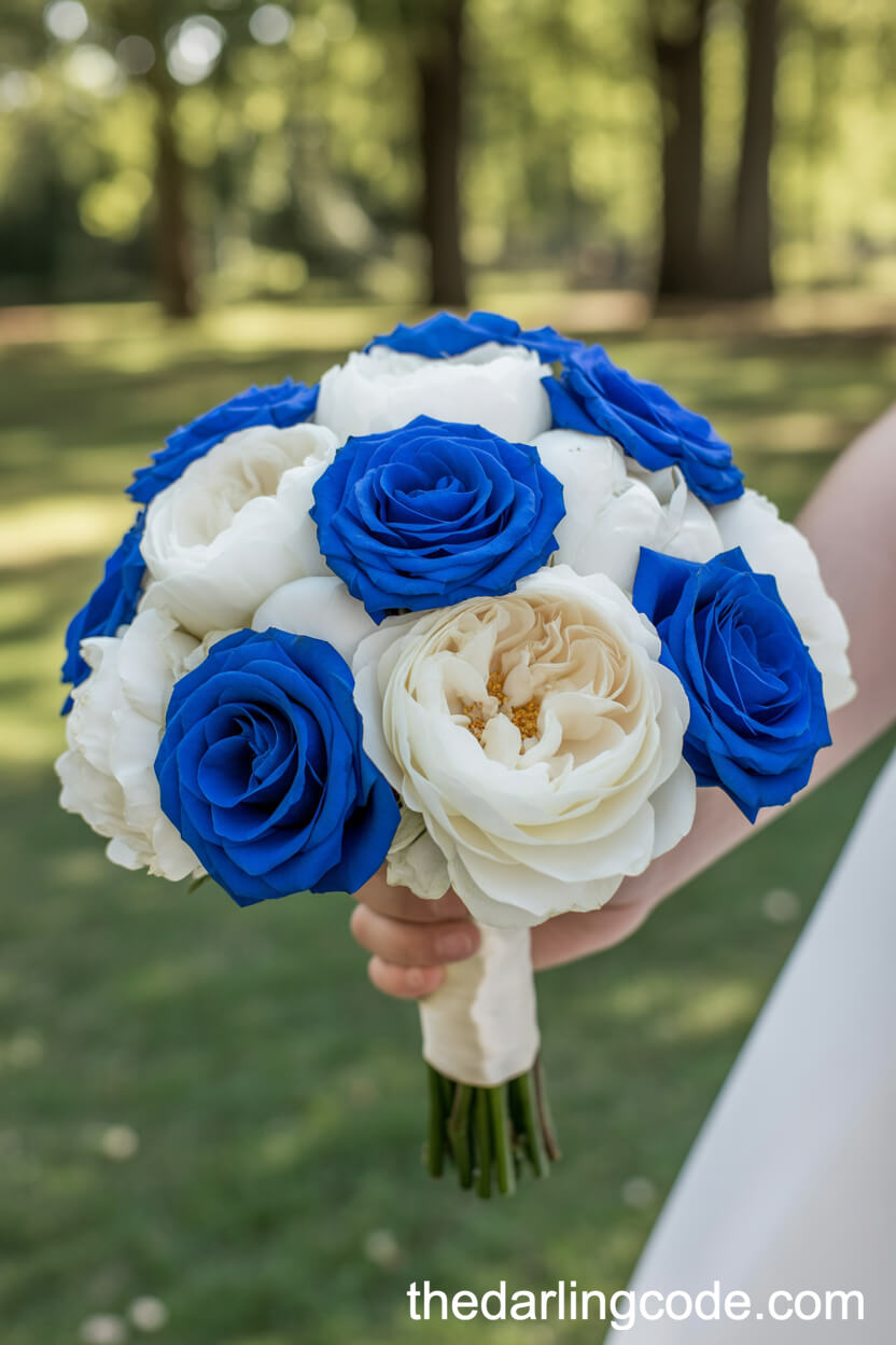 Sapphire Blue Rose And White Peony Bridal Bouquet