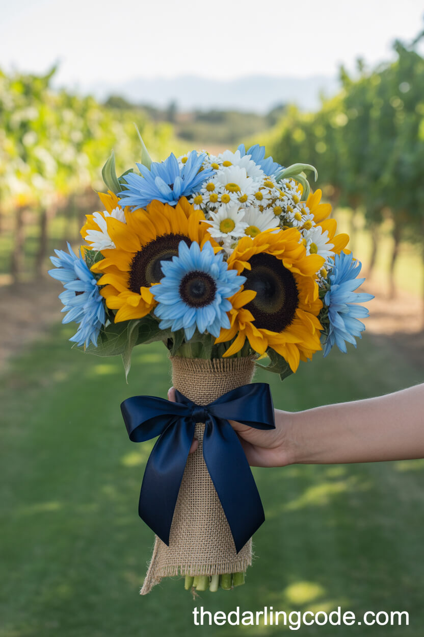 Blue-Tinted Sunflower And White Daisy Rustic Bouquet