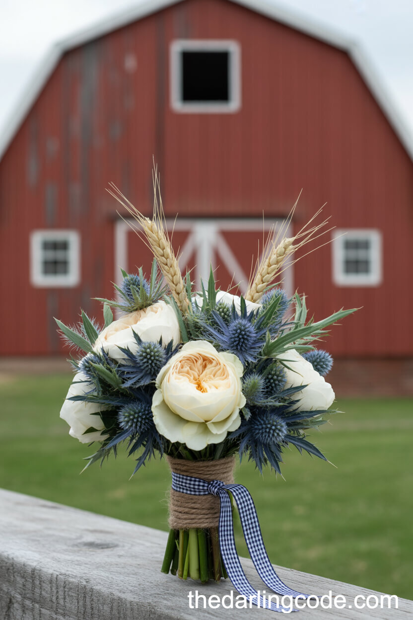 Blue Thistle And Wheat Rustic Country Bridal Bouquet