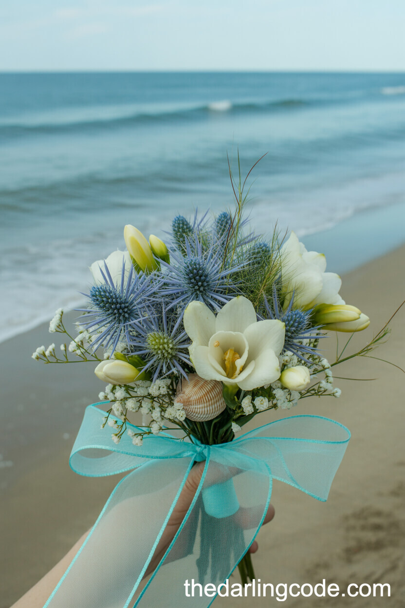 Aqua Blue Sea Holly And Freesia Seaside Bouquet