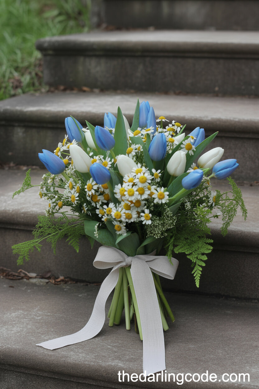 Blue Tulip And White Daisy Cheerful Spring Bouquet