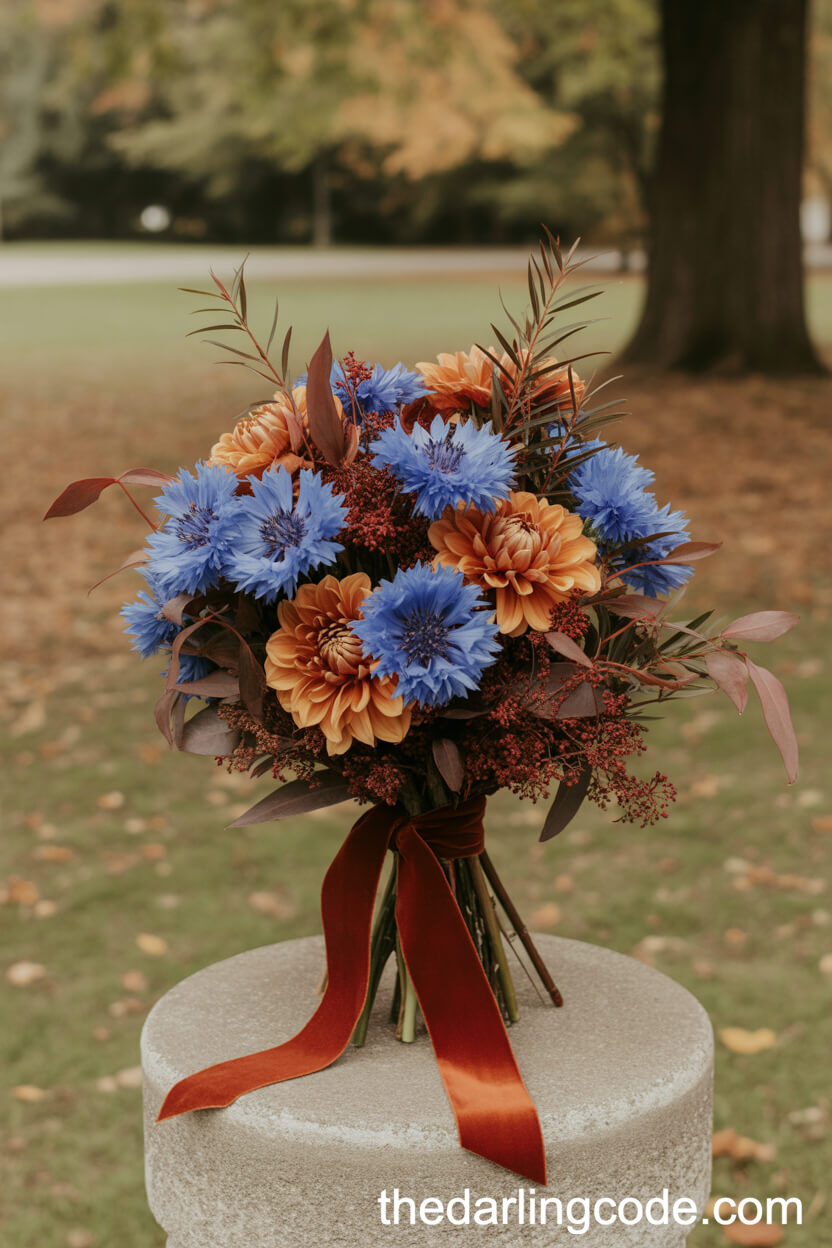 Deep Blue Cornflower And Burnt Orange Dahlia Fall Bouquet