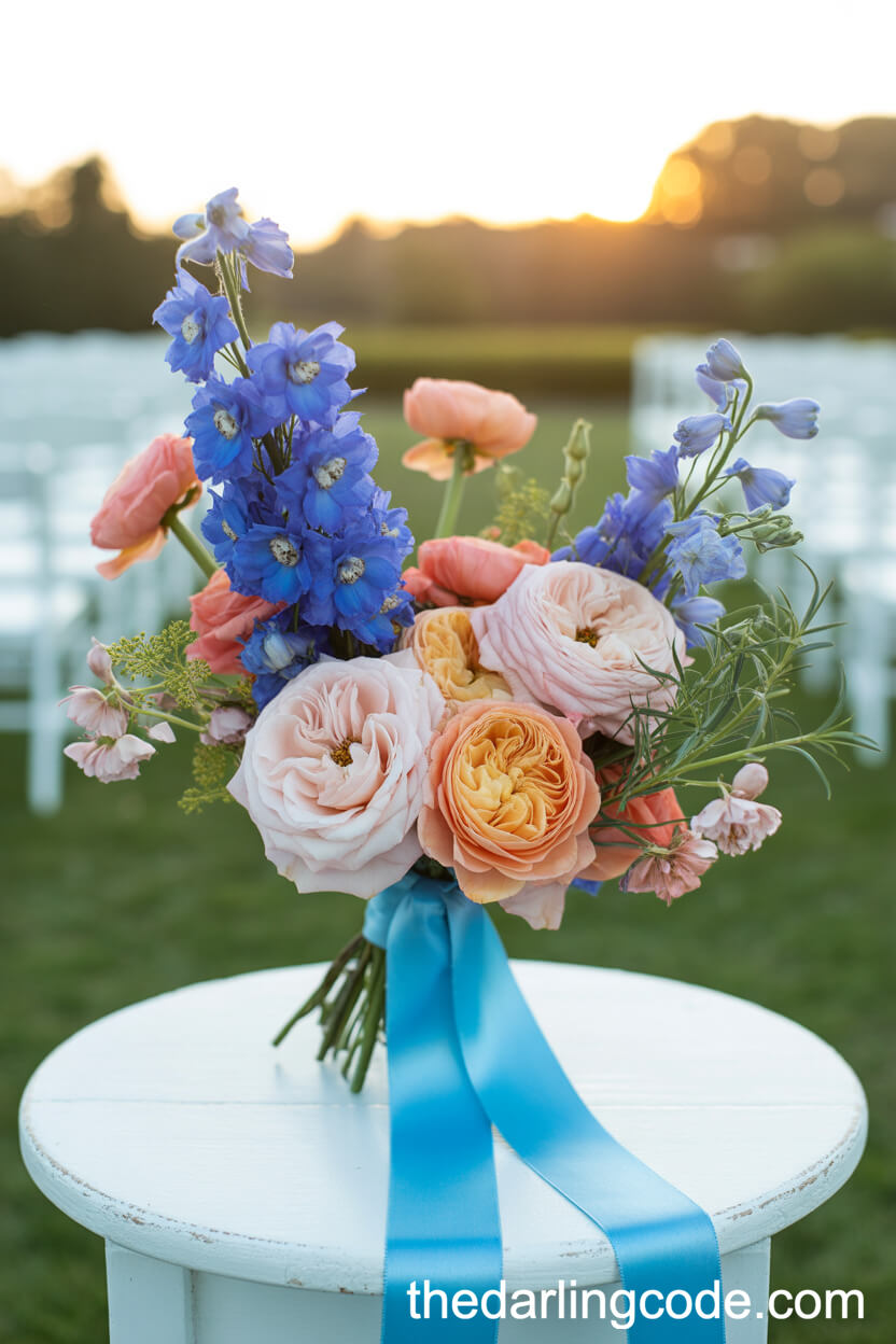 Blue Delphinium And Peach Garden Rose Vibrant Summer Bouquet