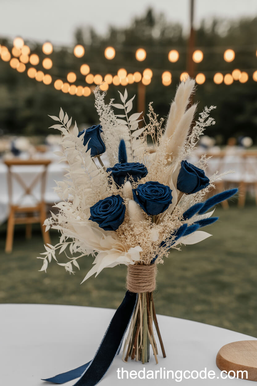 Navy Blue Preserved Rose And Pampas Grass Dried Bouquet