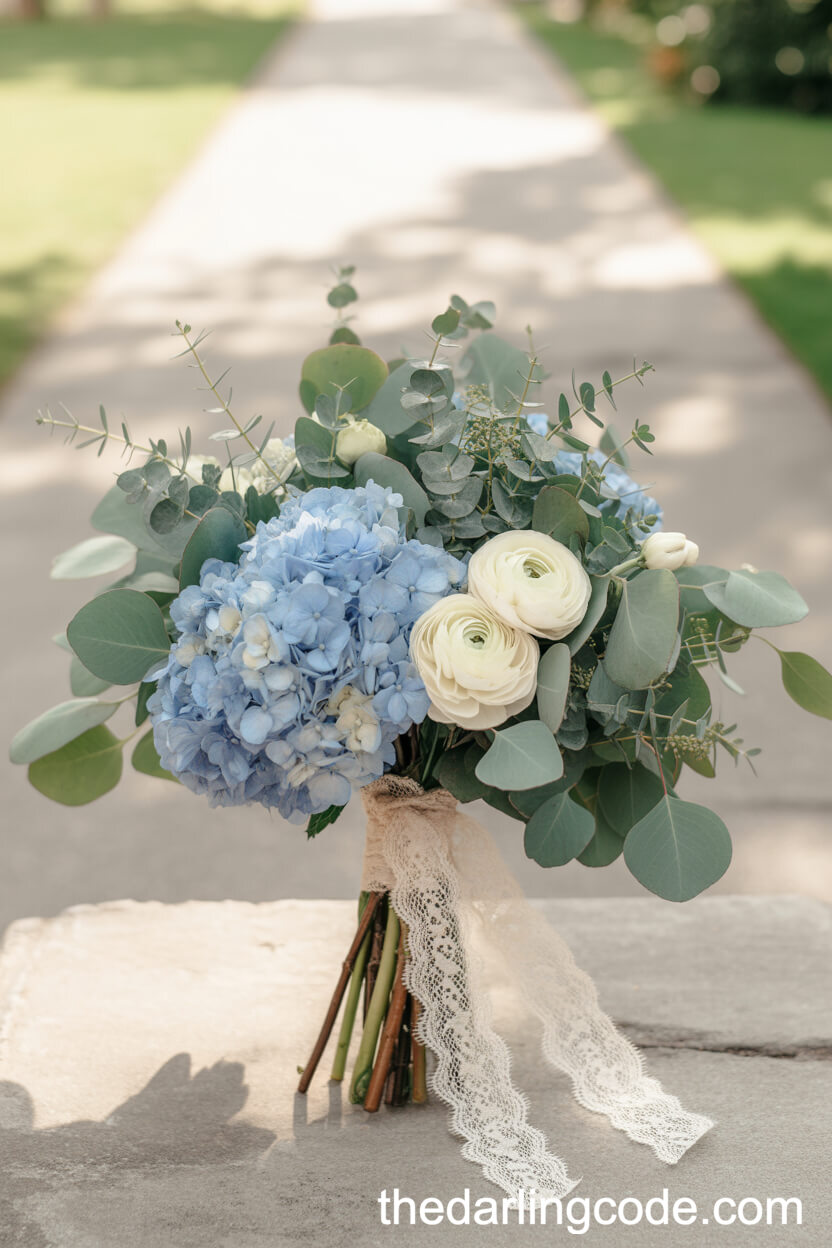 Dusty Blue Hydrangea And Ivory Ranunculus Bouquet