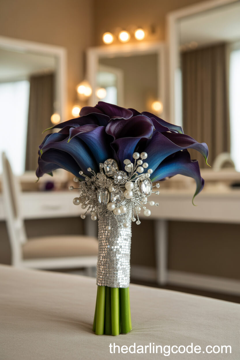 Deep Blue Calla Lily And Crystal Glamorous Wedding Bouquet