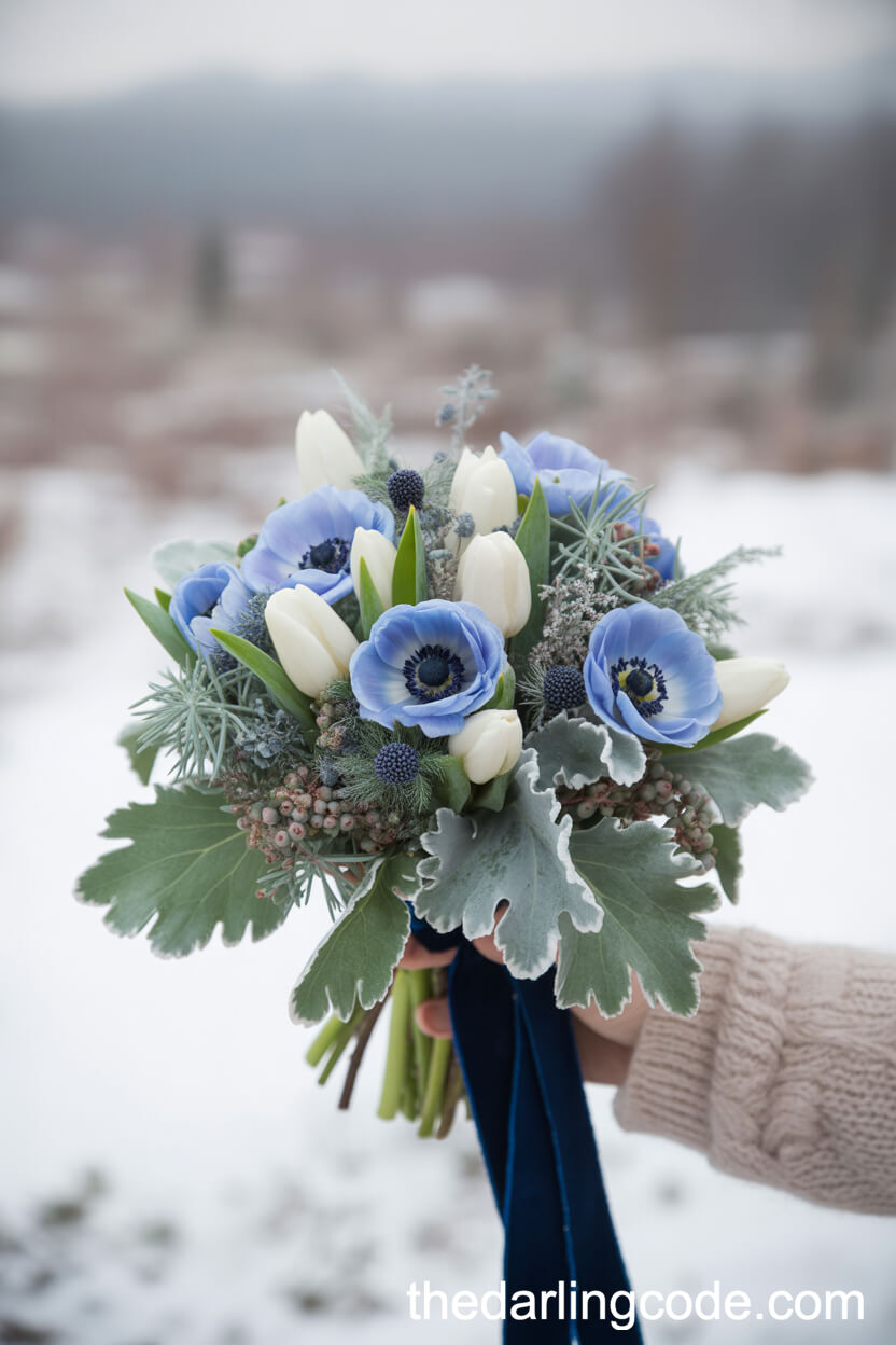 Icy Blue Anemone And White Tulip Winter Bouquet