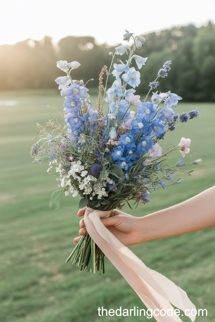 Blue Delphinium And Lavender Boho Wildflower Bouquet