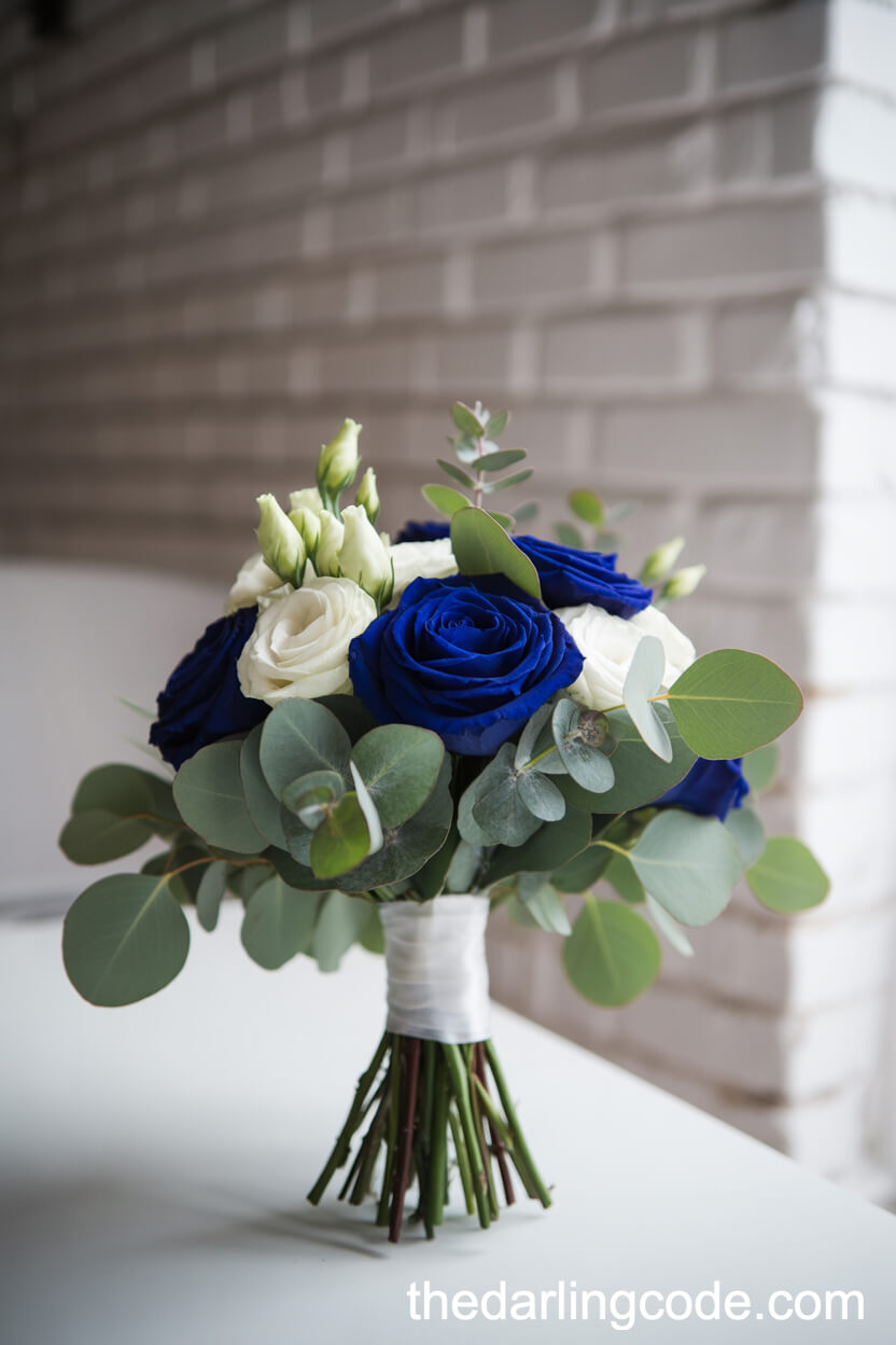 Navy Blue Rose And Lisianthus Modern Hand-Tied Bouquet