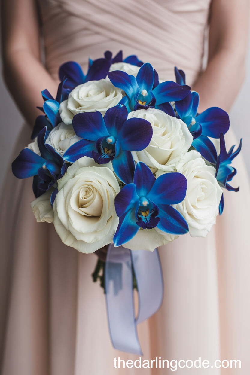 Sapphire Blue Orchid And White Rose Luxurious Bouquet