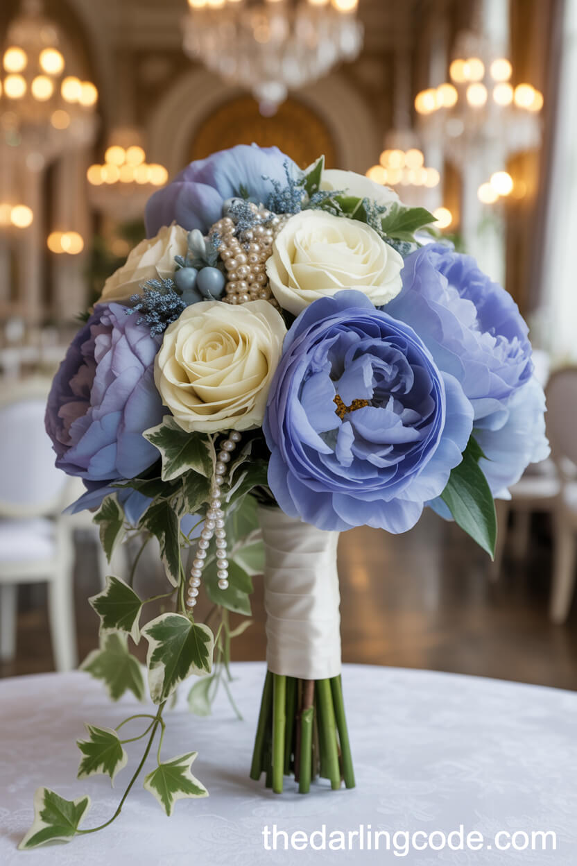 Blue Peony And Cream Rose Cascading Bridal Bouquet