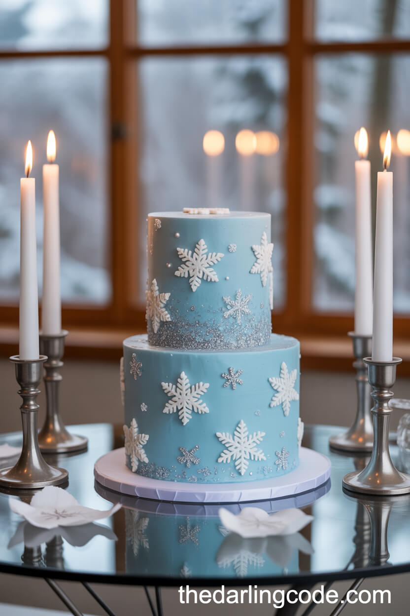 Icy Blue Winter Wedding Cake With Snowflakes And Silver Accents