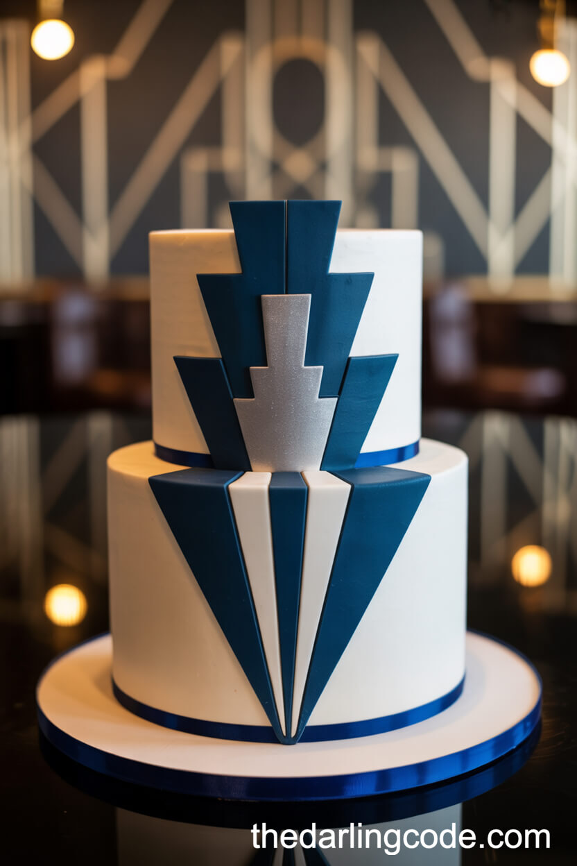 Navy And White Geometric Wedding Cake With Silver Accents