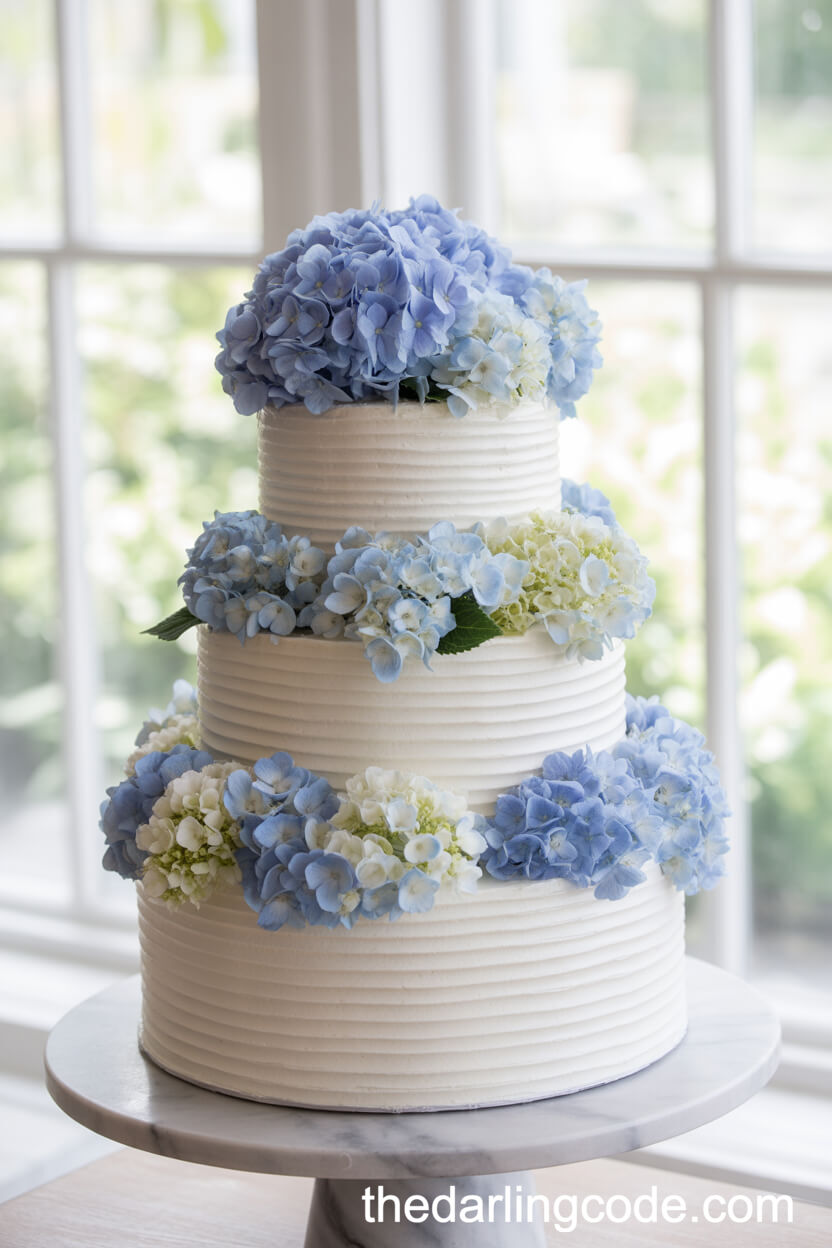 White Wedding Cake With Cascading Blue Hydrangeas