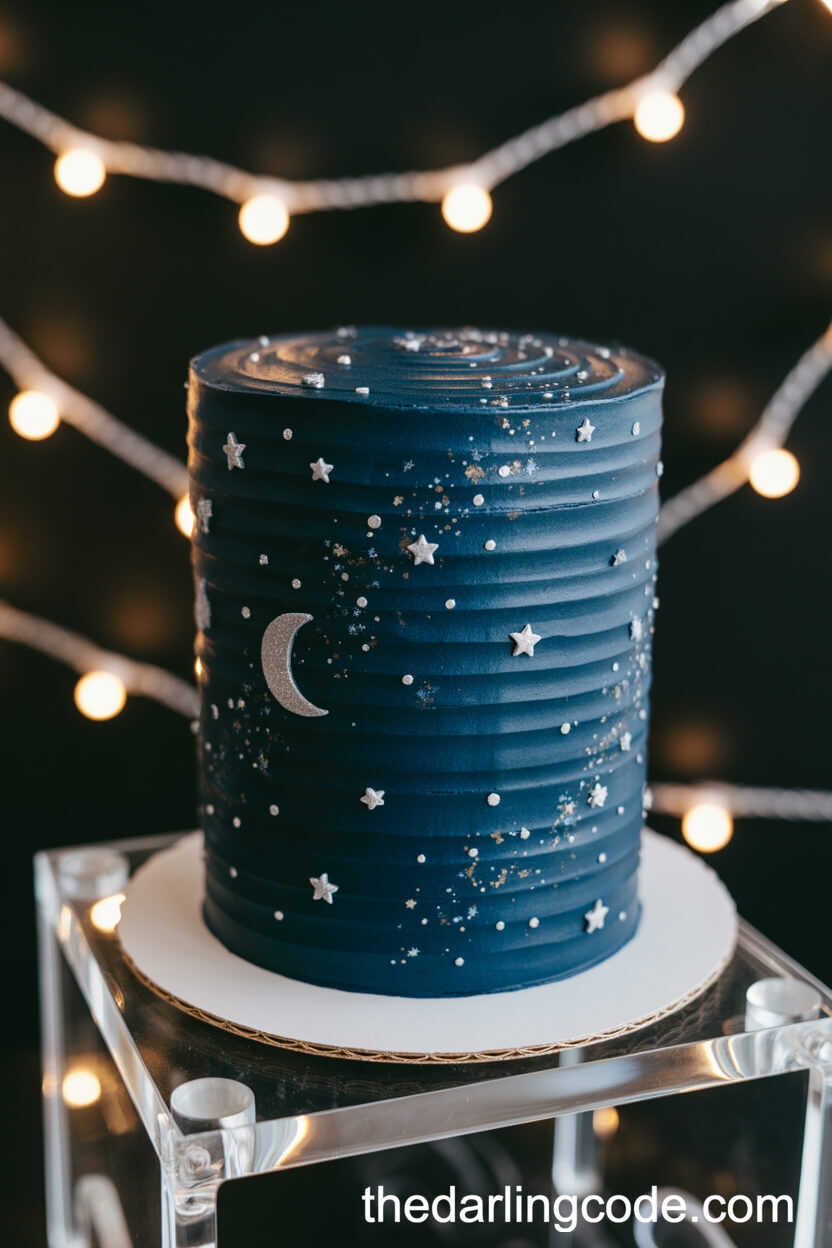 Midnight Blue Buttercream Cake With Silver Stars And Moons