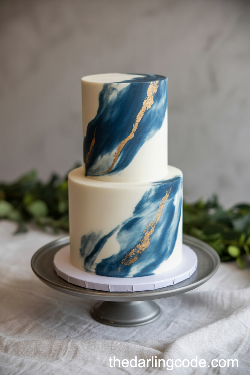 Blue And White Marbled Wedding Cake With Gold Veining
