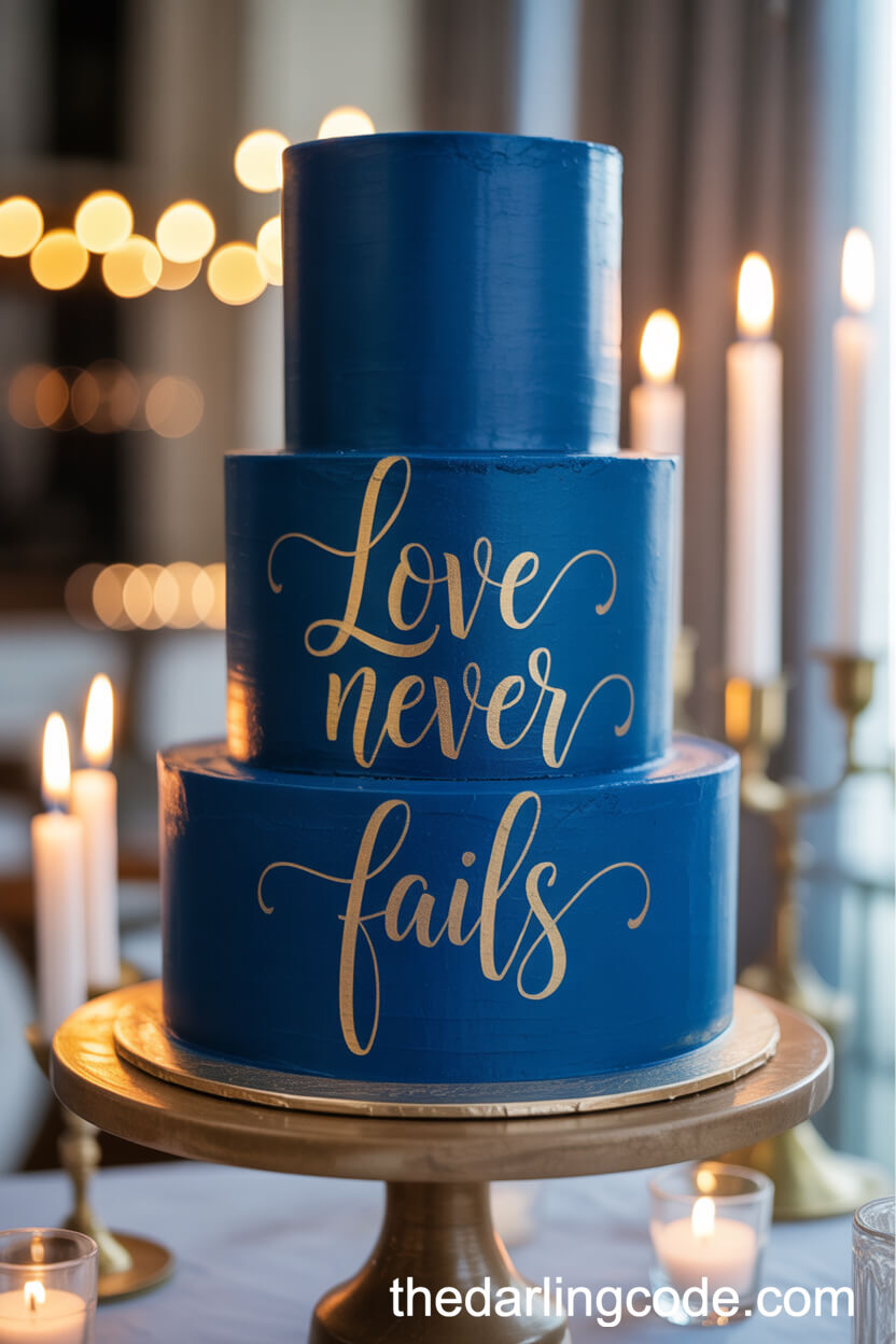 Sapphire Blue Velvet Cake With Gold Calligraphy