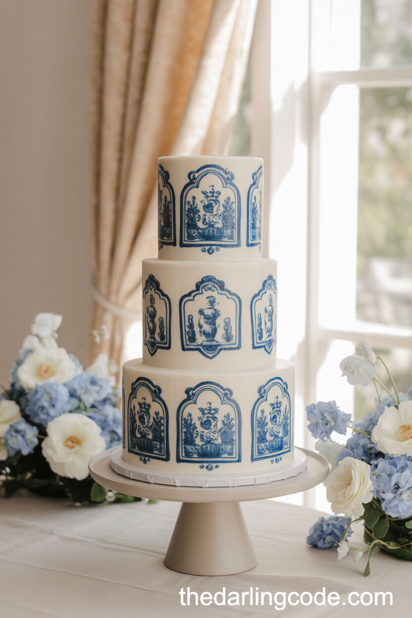 Delft Blue Tile Patterned Wedding Cake
