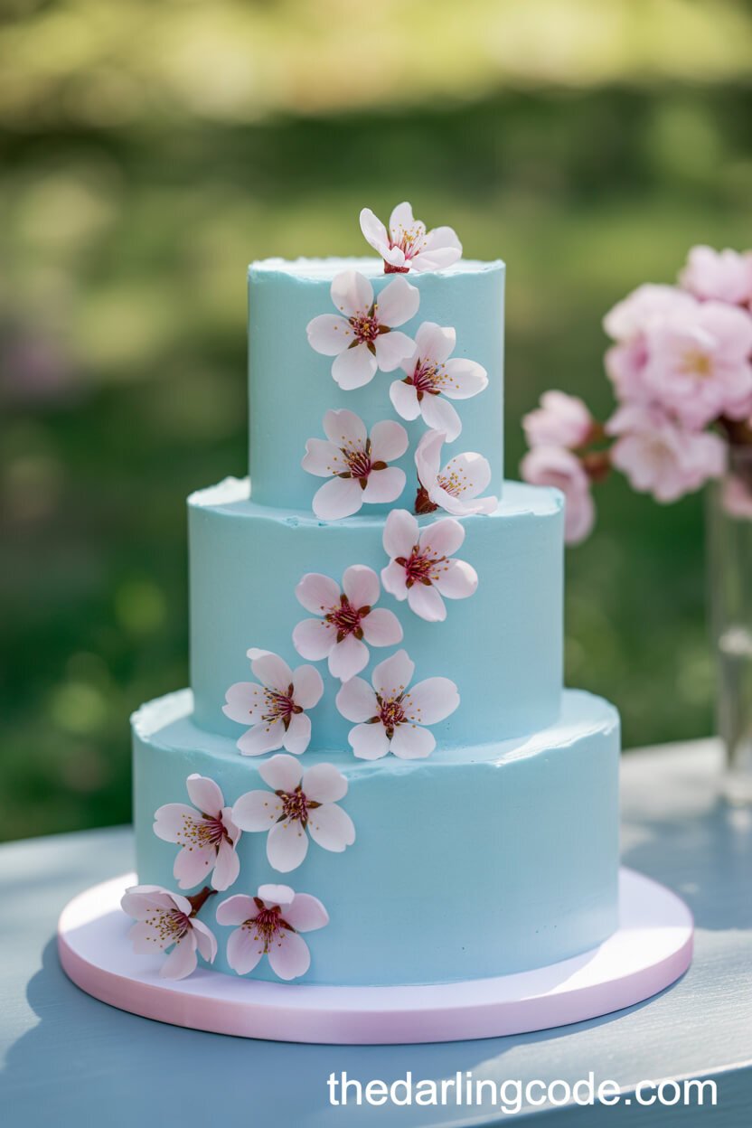 Pastel Blue Cherry Blossom Wedding Cake