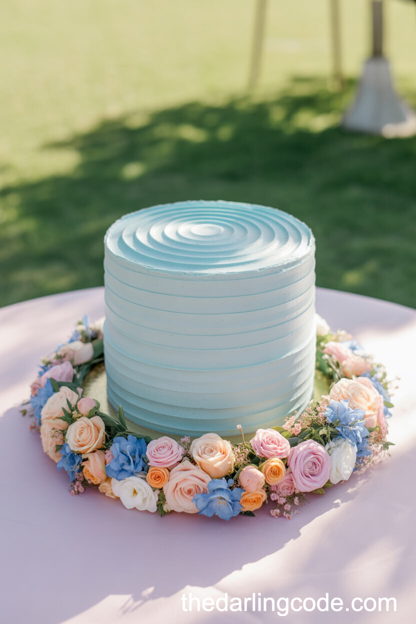 Baby Blue Wedding Cake With Edible Pastel Floral Wreath