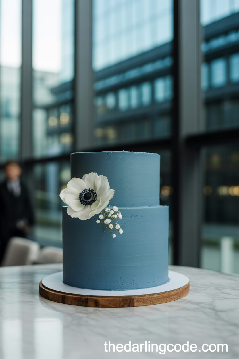 Minimalist Matte Blue Wedding Cake With Edible White Anemone