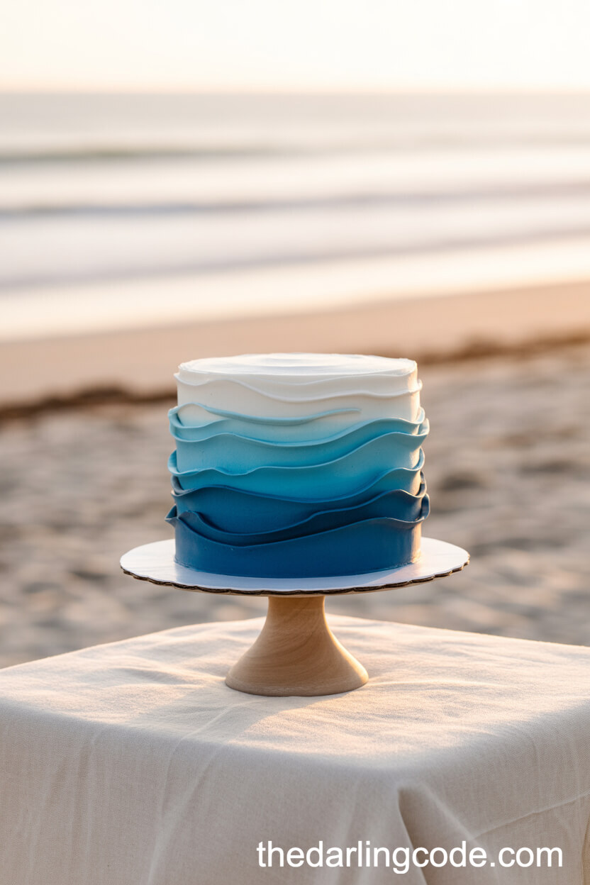 Ombre Blue Wedding Cake With Wave Fondant Design