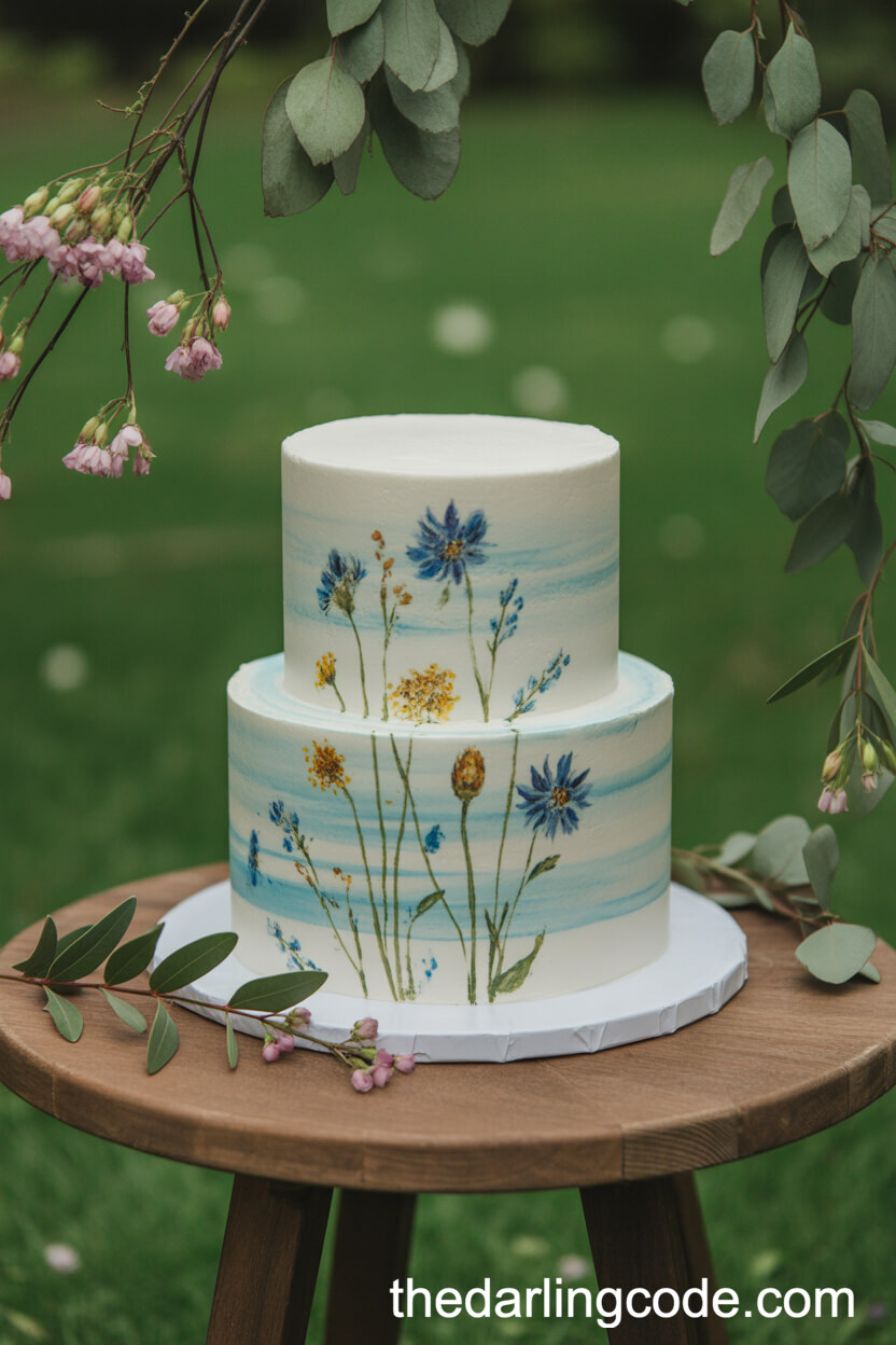 Watercolor Blue Cake With Edible Wildflowers