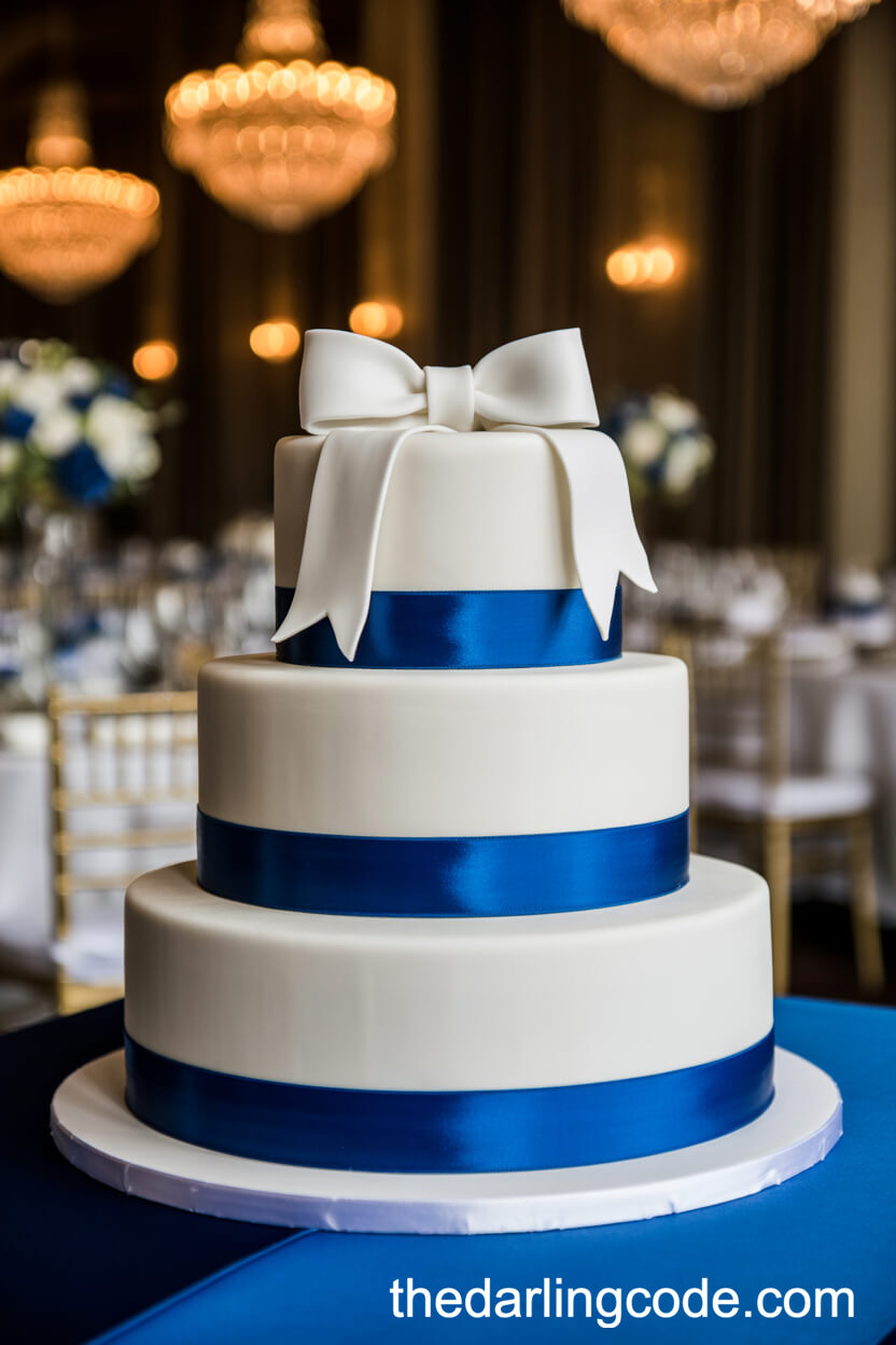 Classic White Cake With Royal Blue Ribbon And Sugar Bow