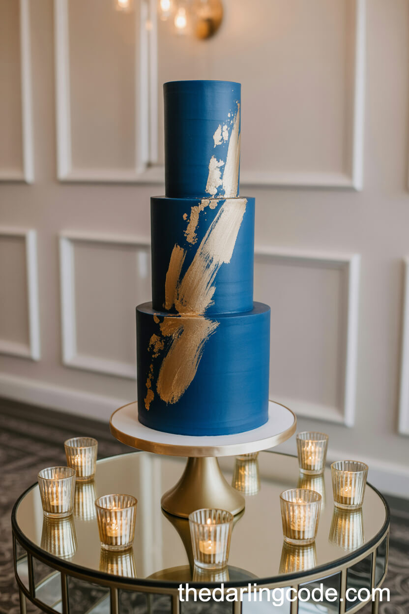Modern Blue Fondant Cake With Gold Brush Strokes