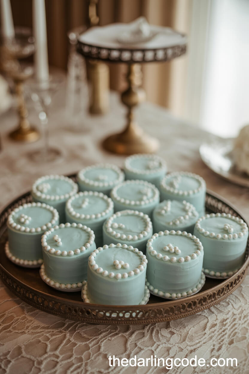 Mini Pastel Blue Wedding Cakes With Pearl Details