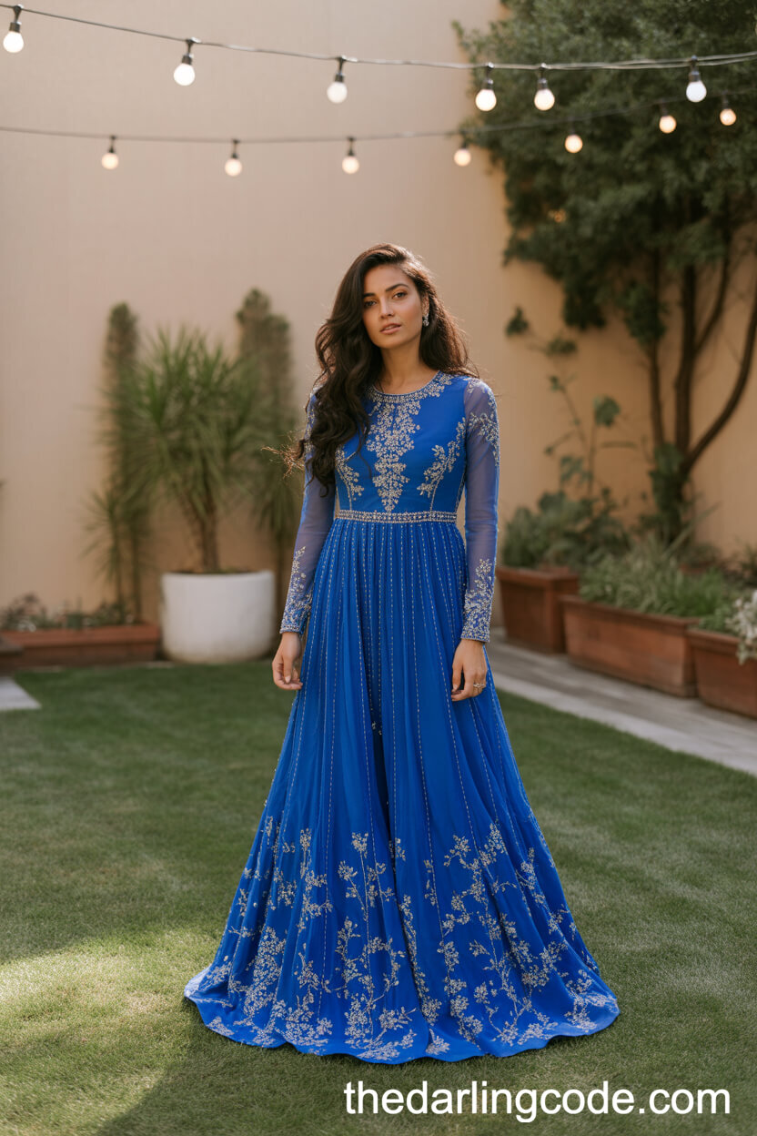 Cobalt Blue Wedding Dress With Silver Embroidery And Long Sleeves
