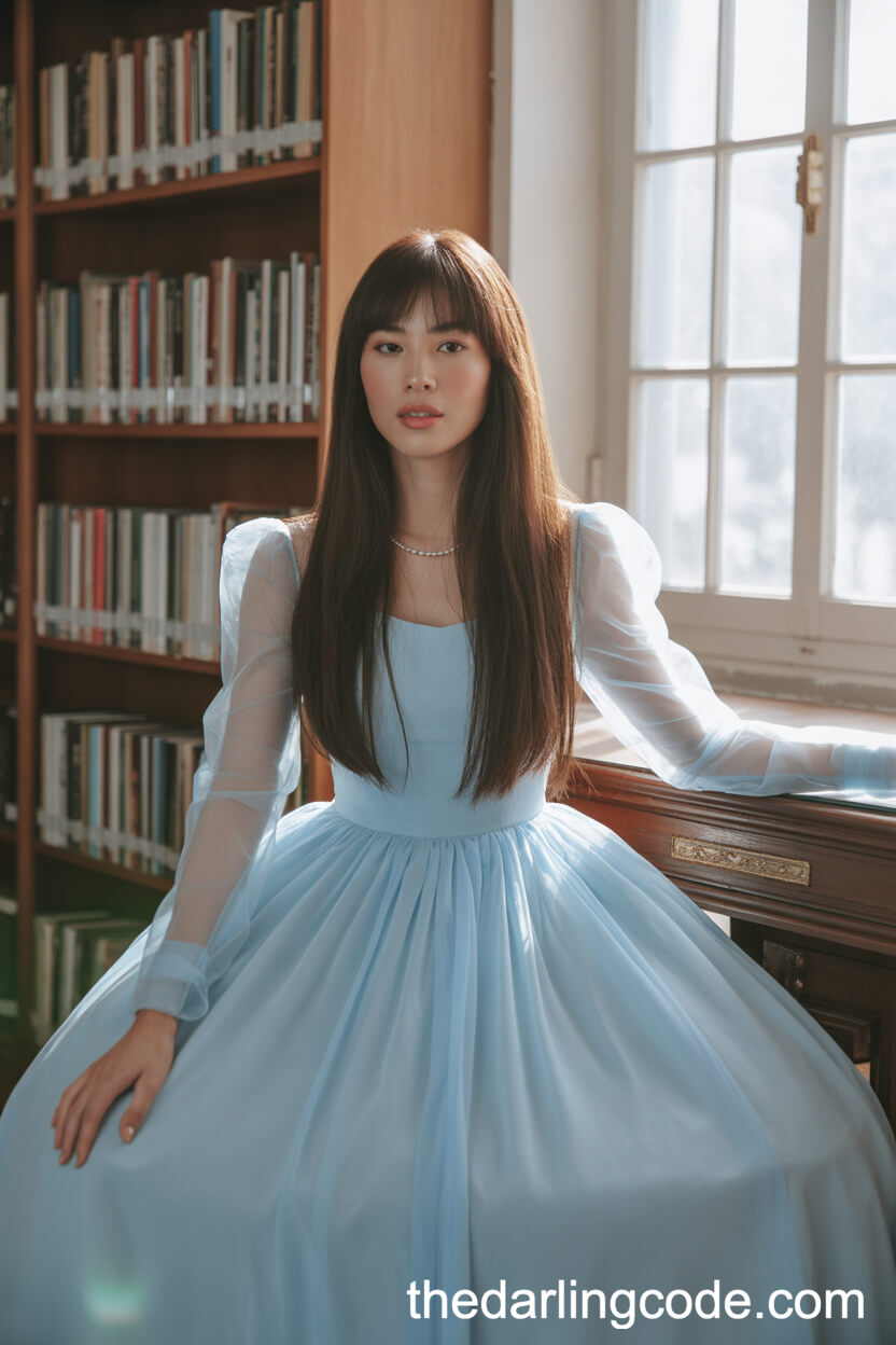 Light Blue Ball Gown Wedding Dress With Sheer Long Sleeves