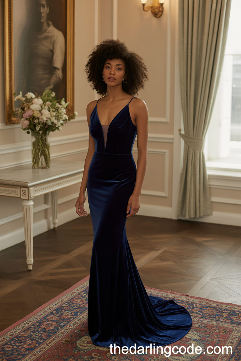 Midnight Blue Velvet Wedding Gown With Deep V-Neck
