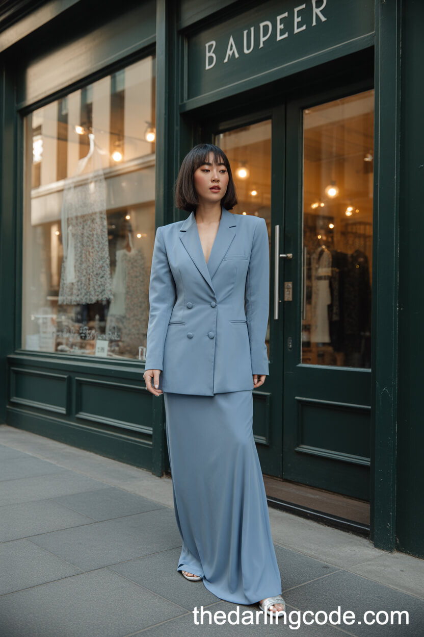 Blue Suit-Inspired Wedding Dress With Tailored Blazer Bodice