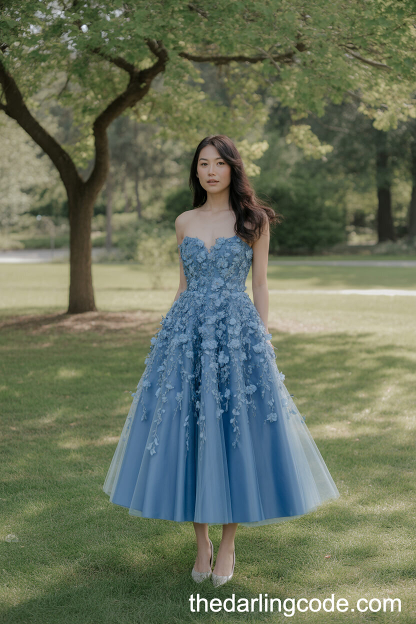 Blue A-Line Wedding Dress With Floral Appliqué