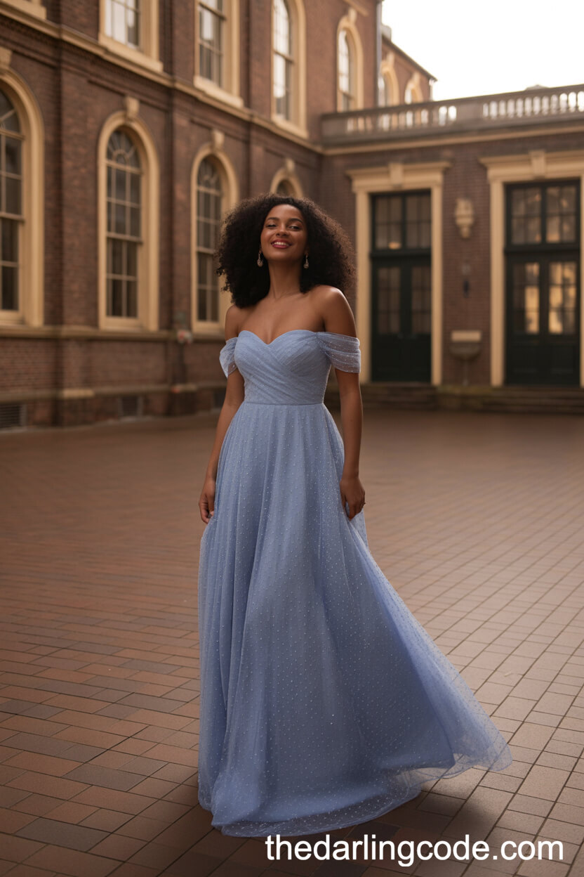 Off-Shoulder Sapphire Blue Wedding Dress With Flowing Skirt