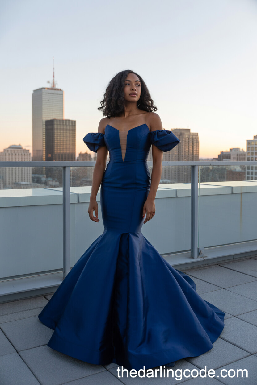 Navy Blue Mermaid Wedding Dress With Off-The-Shoulder Sleeves