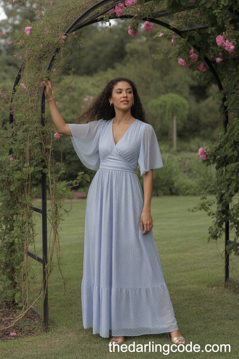 Soft Periwinkle Blue Maxi Wedding Dress With Ruffles And Flutter Sleeves