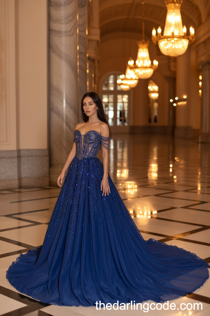 Royal Blue Couture Wedding Gown With Beaded Bodice And Dramatic Train