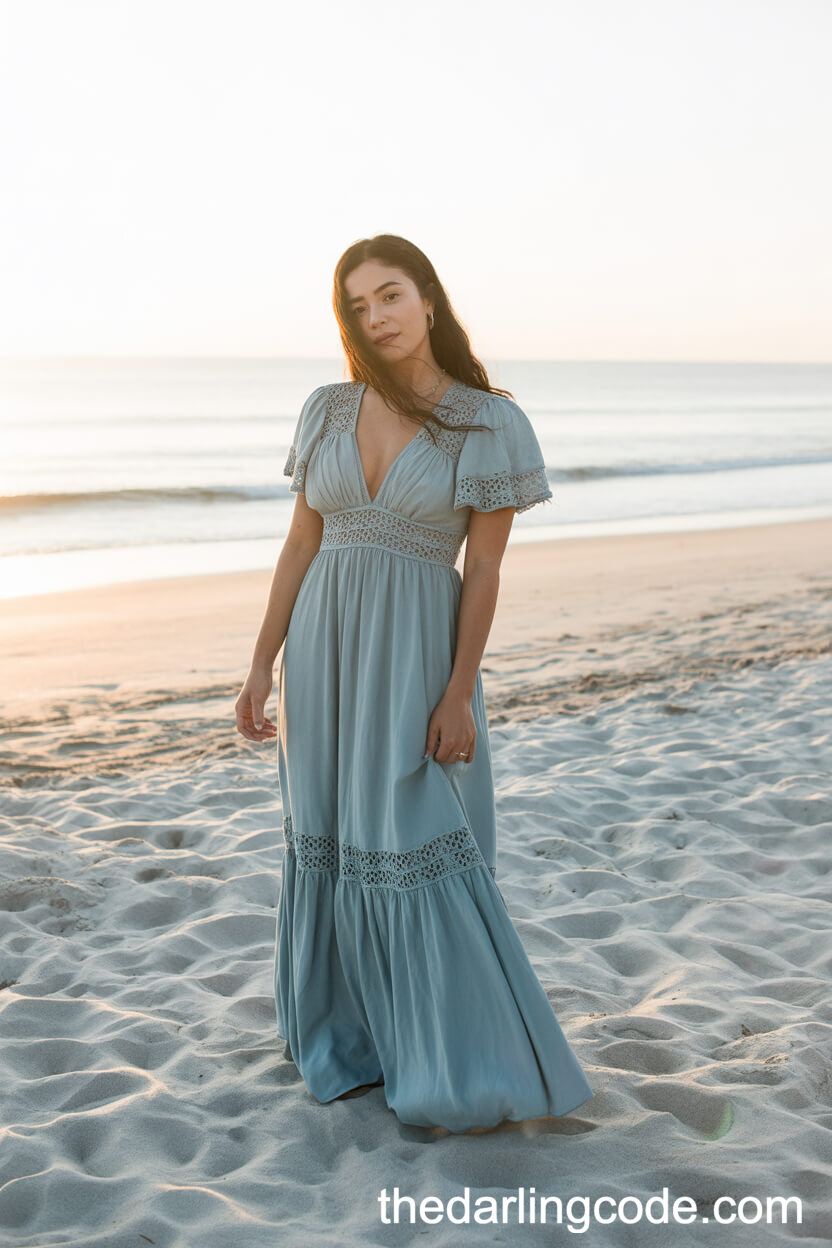 Dusty Blue Bohemian Wedding Dress With Lace And Flutter Sleeves