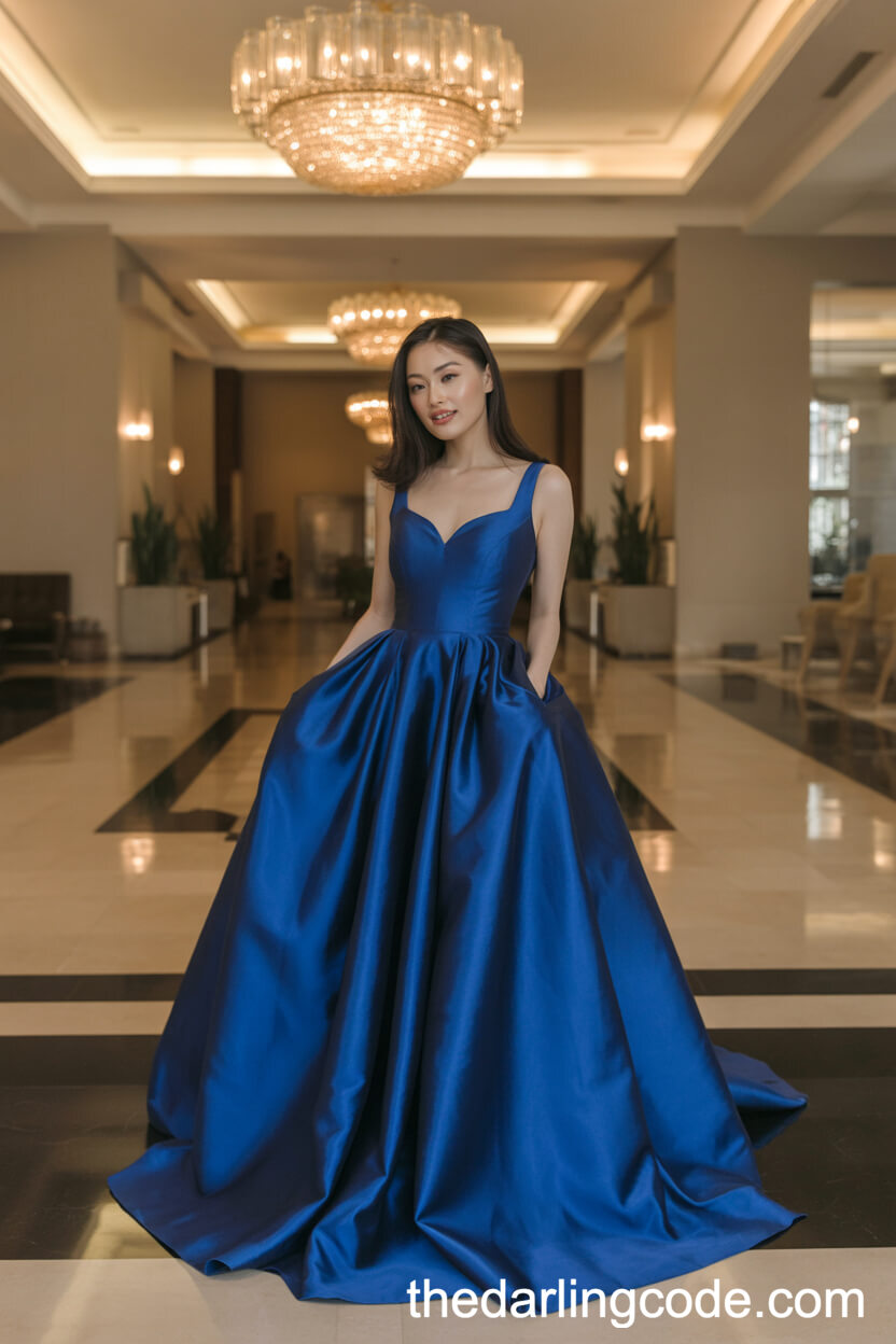 Royal Blue Satin Ball Gown With Sweetheart Neckline