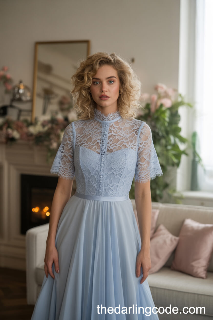 Ice Blue Vintage Lace Wedding Gown With High Neckline