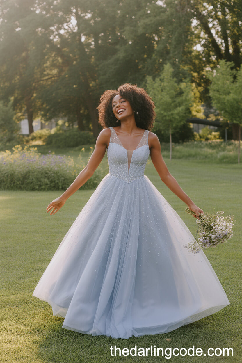 Light Blue Princess-Style Tulle Wedding Dress With Beaded Bodice