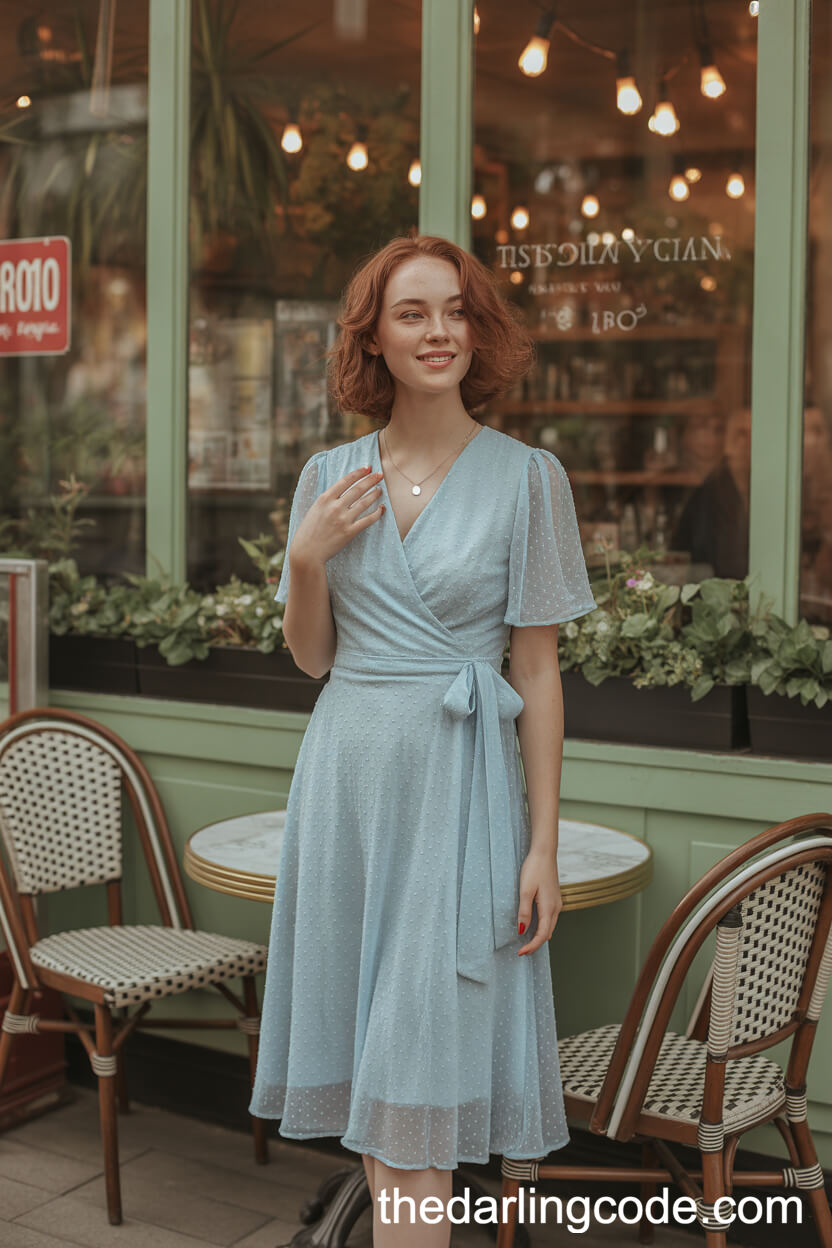 Pastel Blue Wrap Wedding Dress In Knee-Length Romantic Style