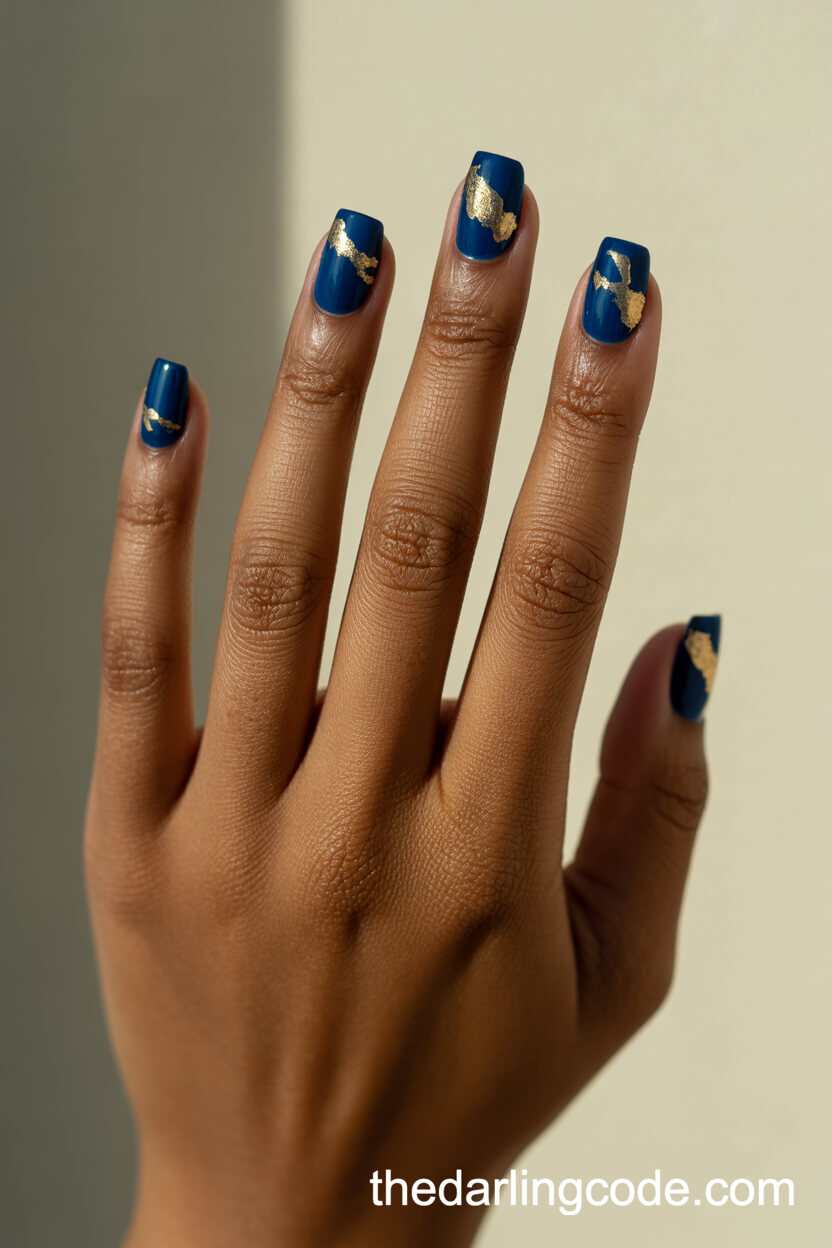 Deep Blue Square Nails With Gold Foil Designs
